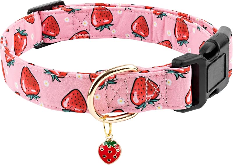 Collar perro algodón patrón fresa rosa para todos los tamaños