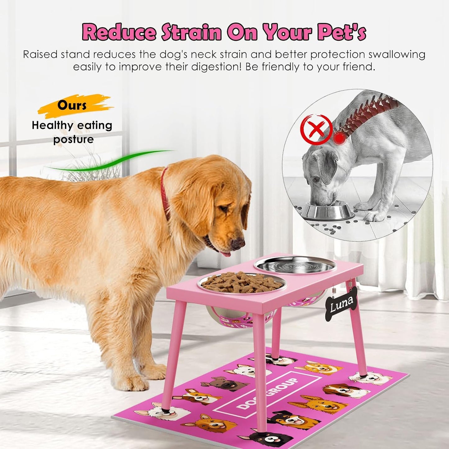 Soporte elevado cuencos perros 58oz rosa