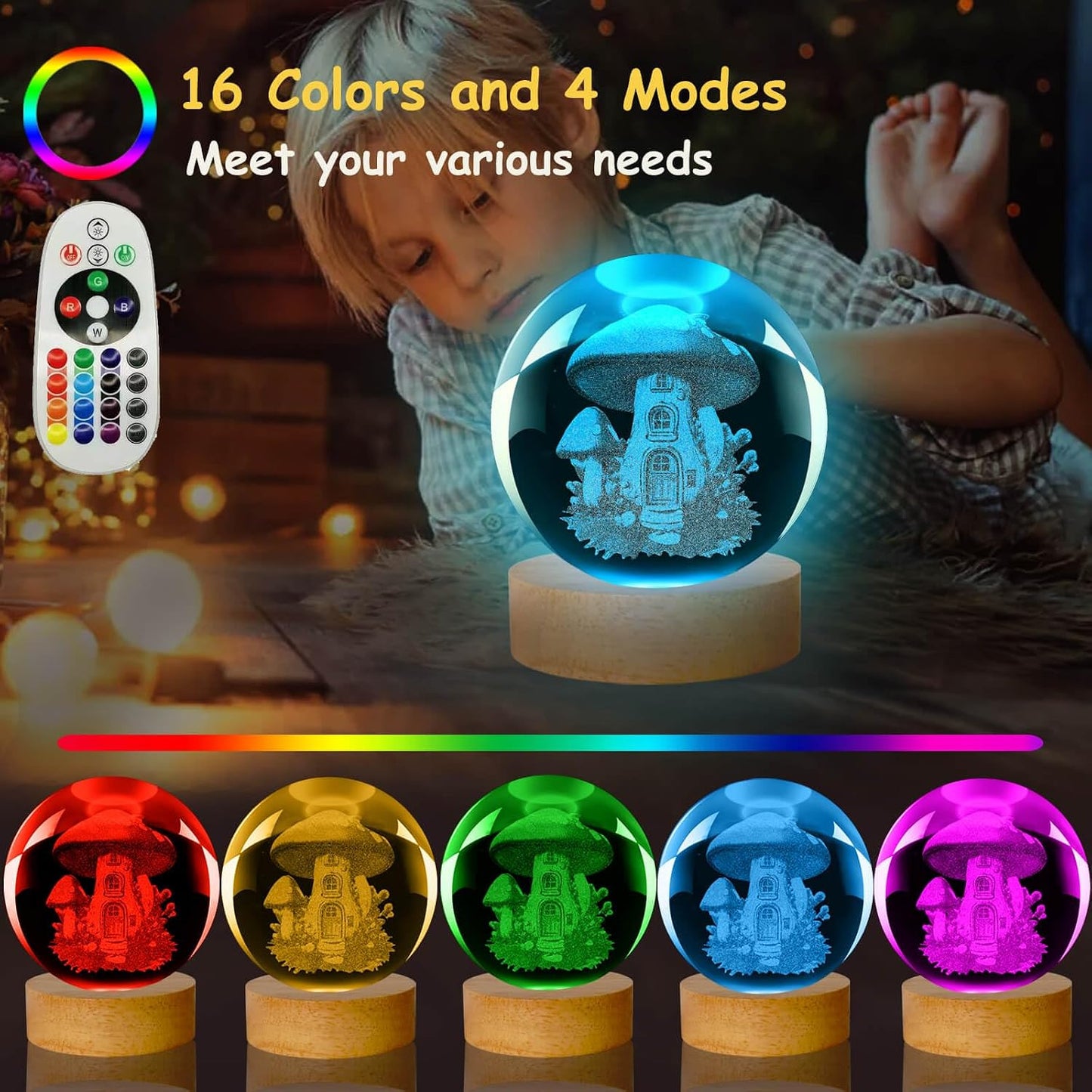Lámpara hongo 3.15pulg 16 colores con control remoto