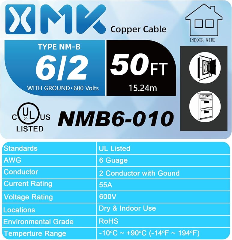 Cable NM-B 6/2 con tierra 50 ft cobre trenzado interior