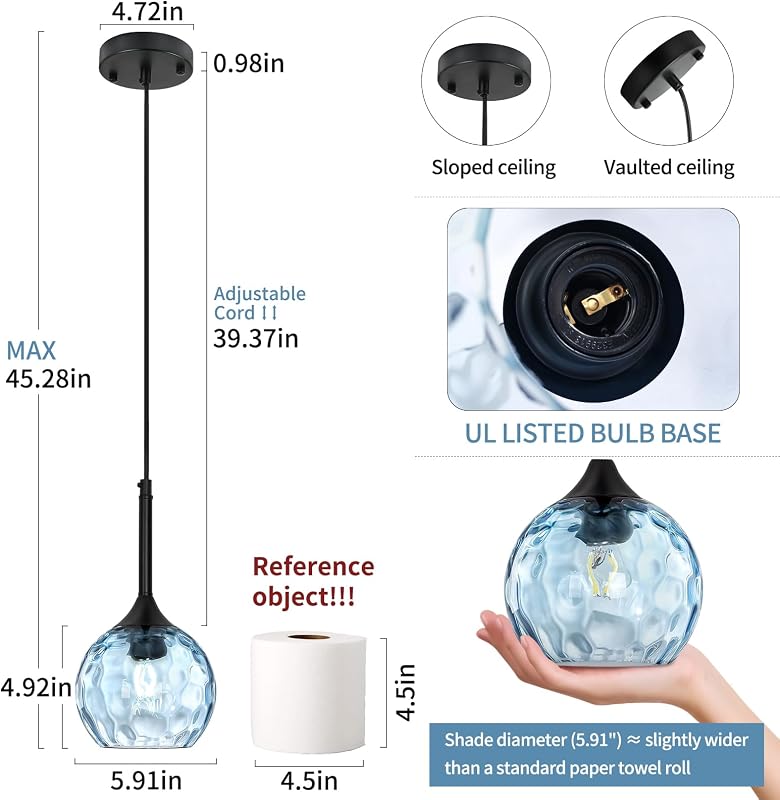 Lámpara colgante cristal martillado azul claro E26