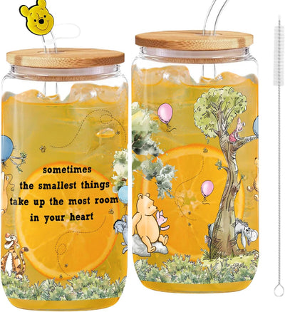 Taza Oso Pooh 16oz Vidrio con Tapa y Popote Regalo Niños