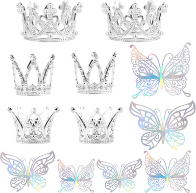 30 Pzas Coronas Plata Mariposa 3D para Torta Boda
