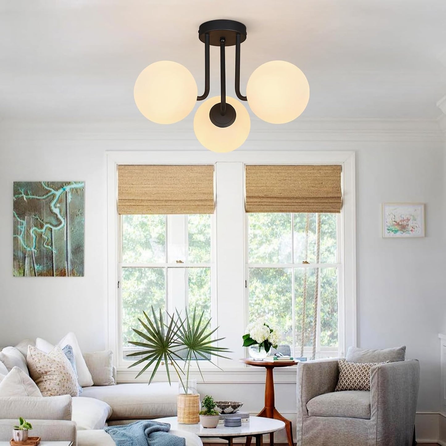 Lámpara techo 3 luces estilo rústico cristal blanco