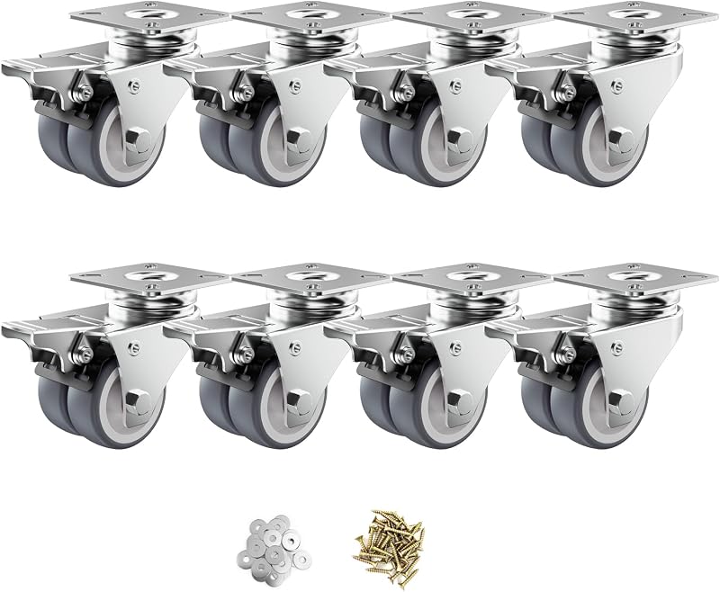Set 8 ruedas caster TPR gris con freno placa giratoria