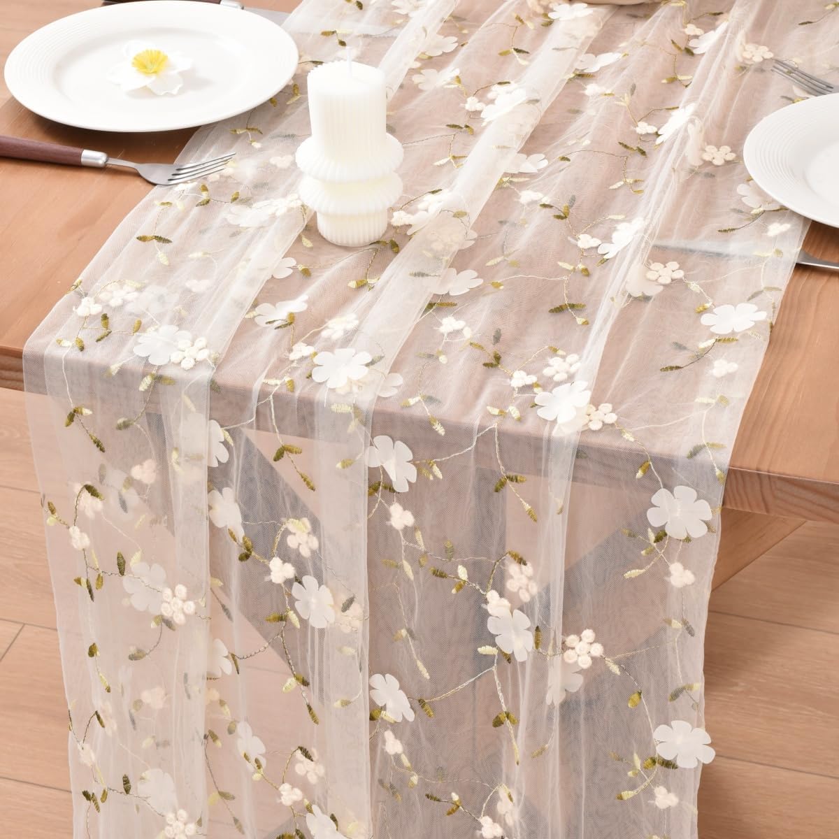 Camino mesa floral beige gasa 10pies decoración hogar