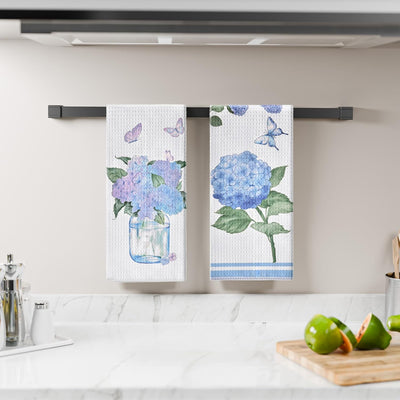 Toallas de cocina con diseño de flores hortensias mariposas azules