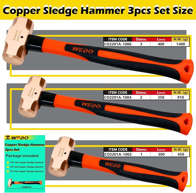 Set 3 Pzas Martillo Trineo Cobre 1-3lb Fibra Vidrio DIN