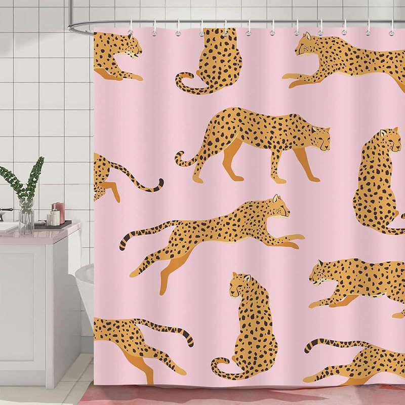 Cortina ducha leopardo rosa 72x72pulg poliéster 12 ganchos