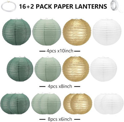 Faroles decorativos papel salvia 16 Pzas doradas colgantes bodas