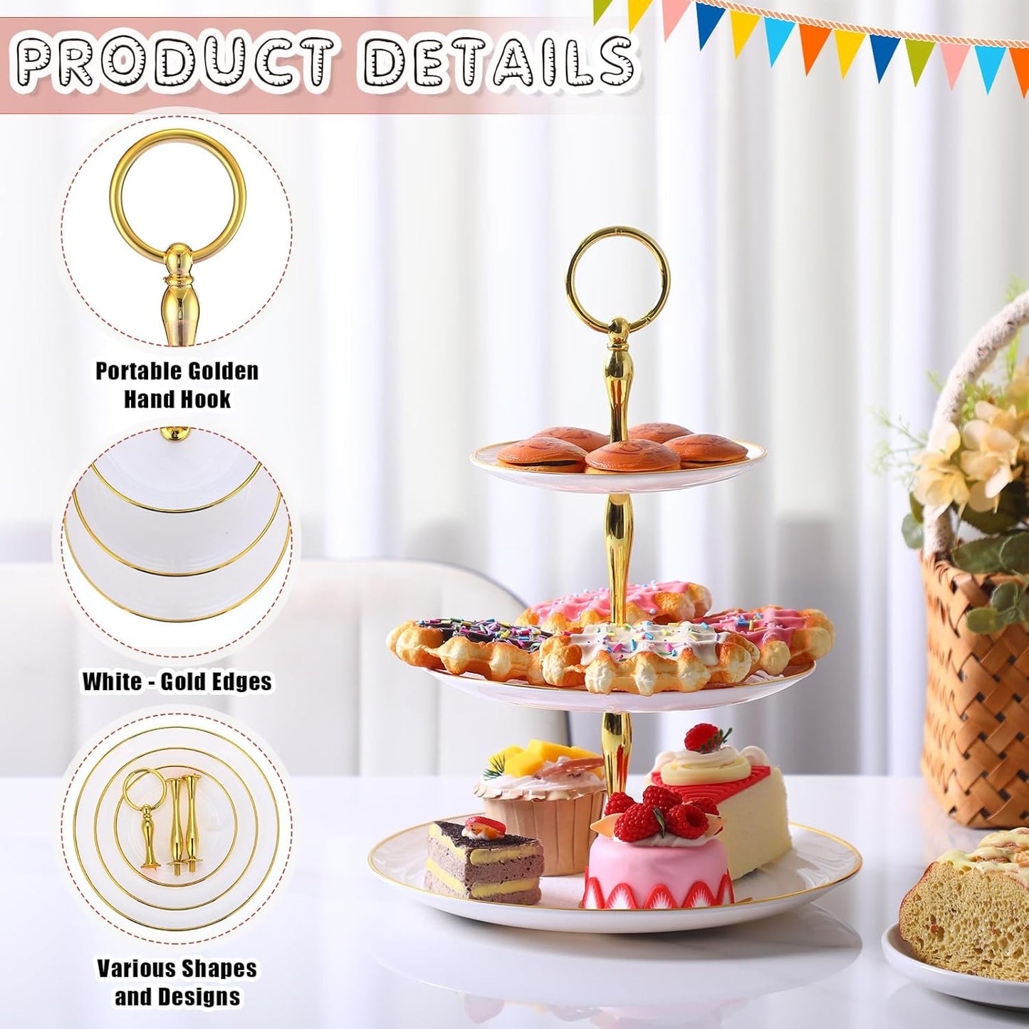 Set 12 soportes cupcakes 3 niveles plástico dorado