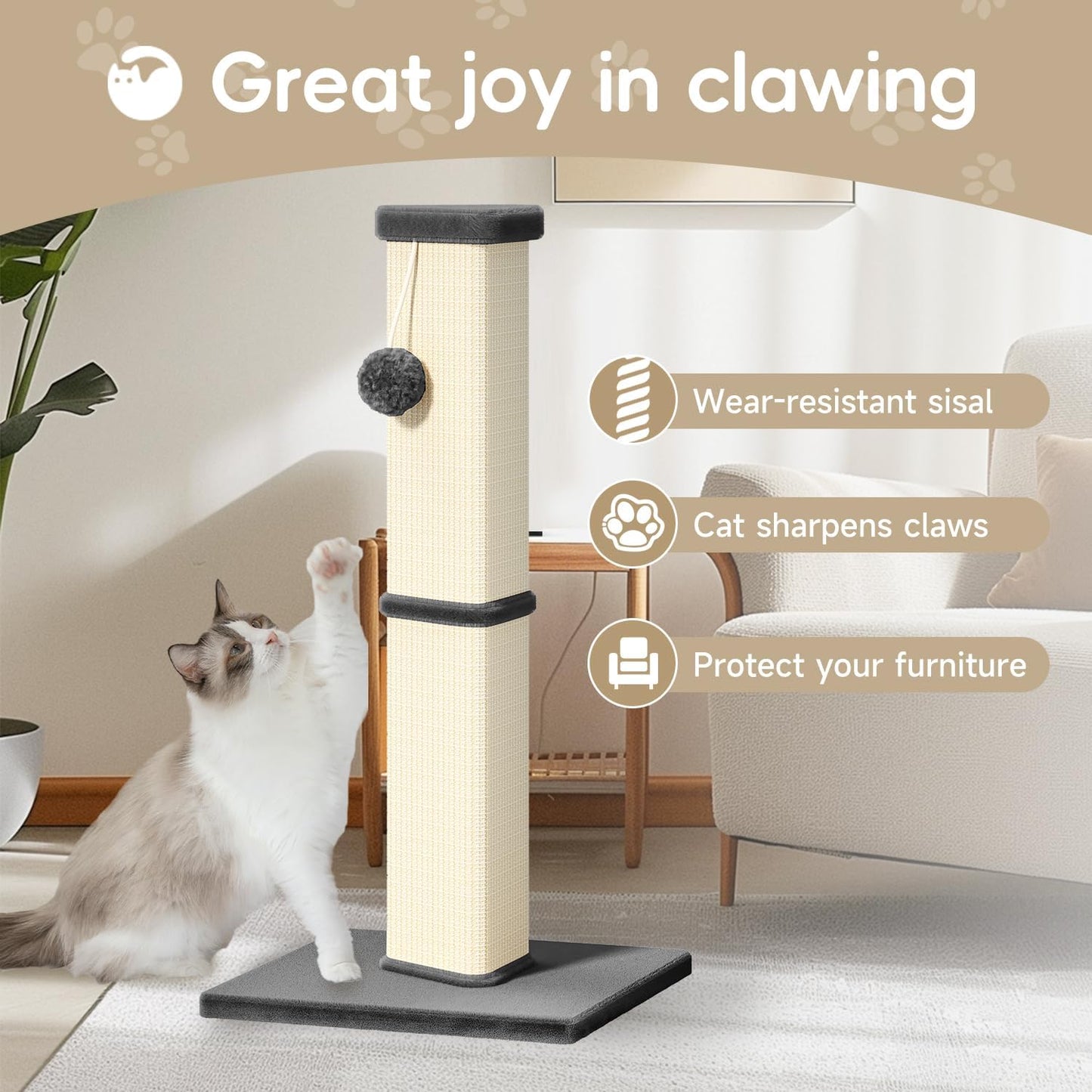 Poste rascador gatos 32pulg interiores con bola
