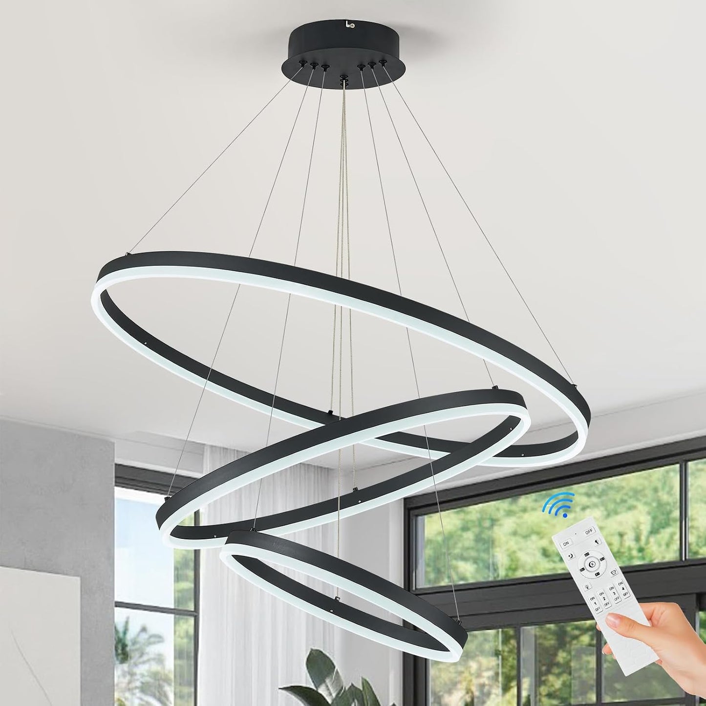 Candelabro LED 3 anillos negro regulable con control remoto