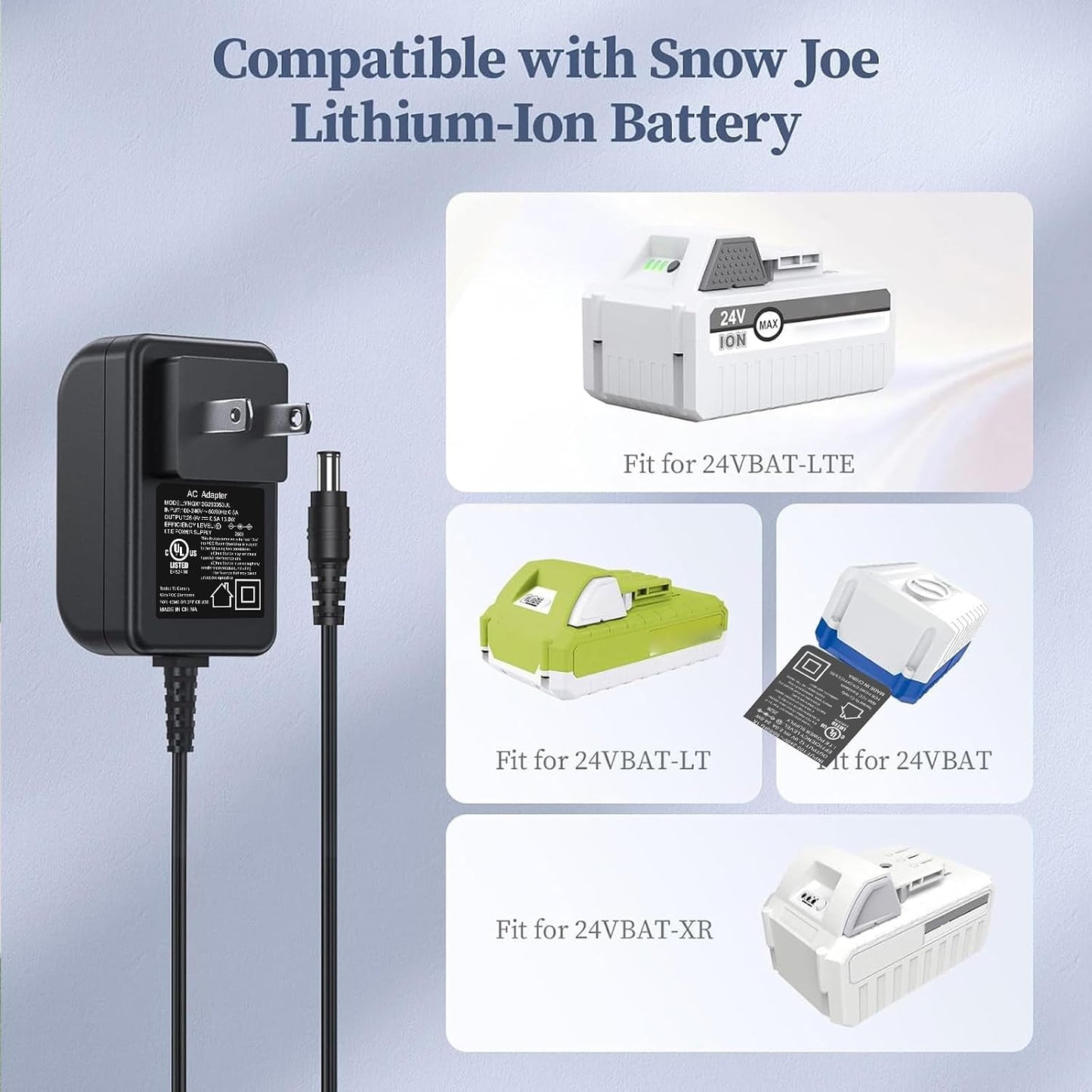 Cargador 24V para baterías Snow Joe IBAT24 y series 24V