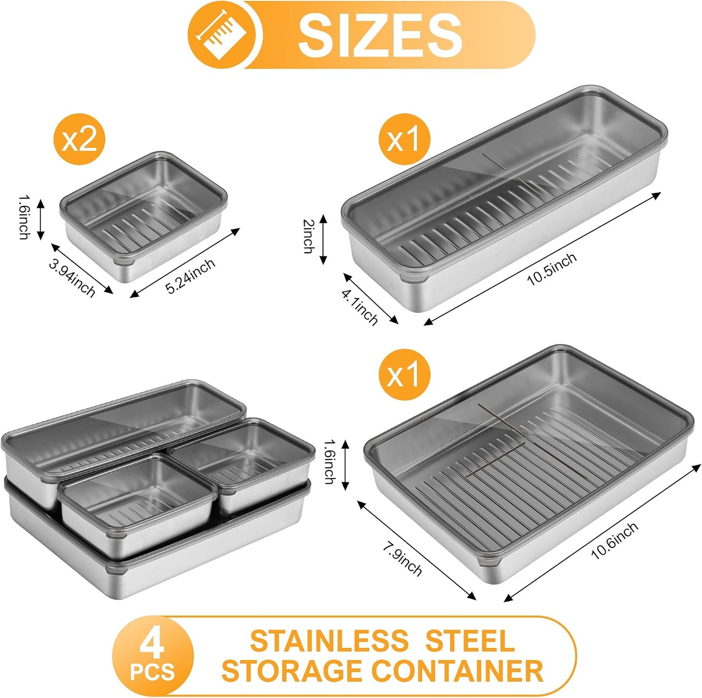 Set 4 Contenedores Tocino Acero Inox 304 con Tapa