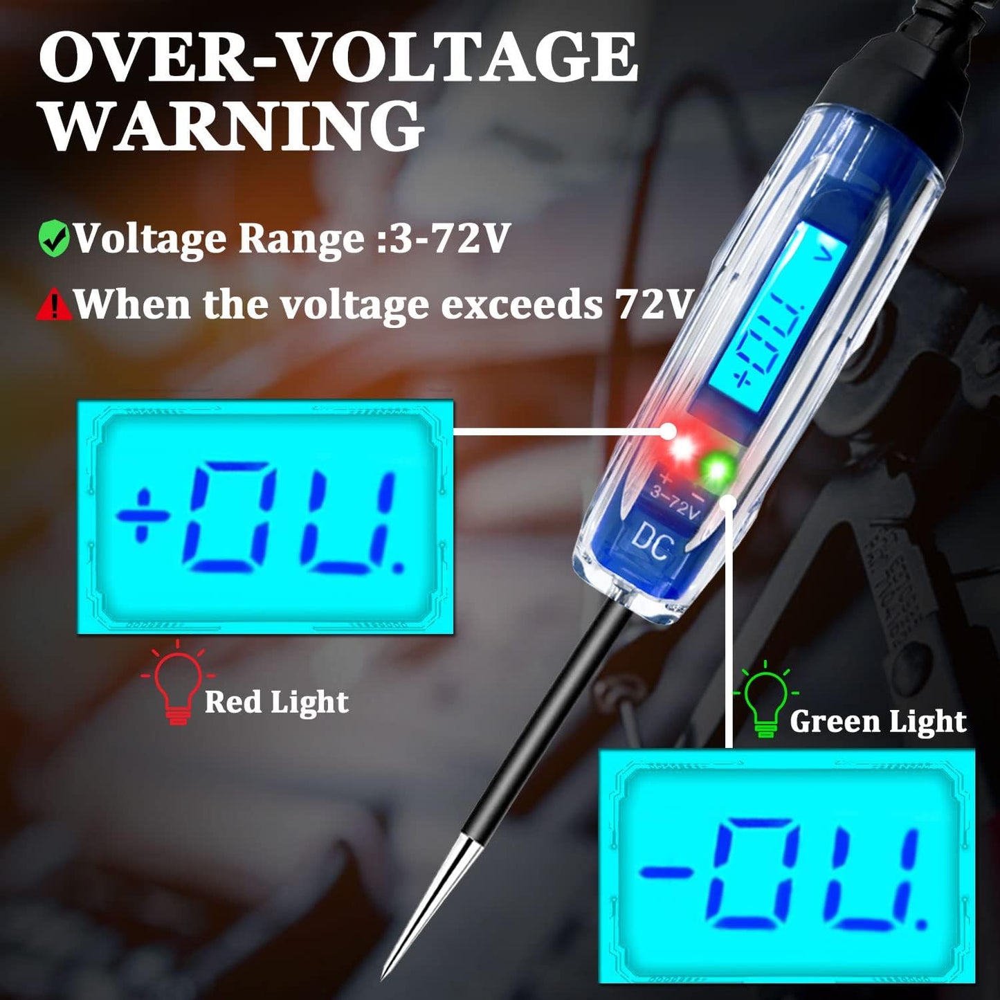 Probador circuito automotriz 3-72V DC con LCD y voltímetro