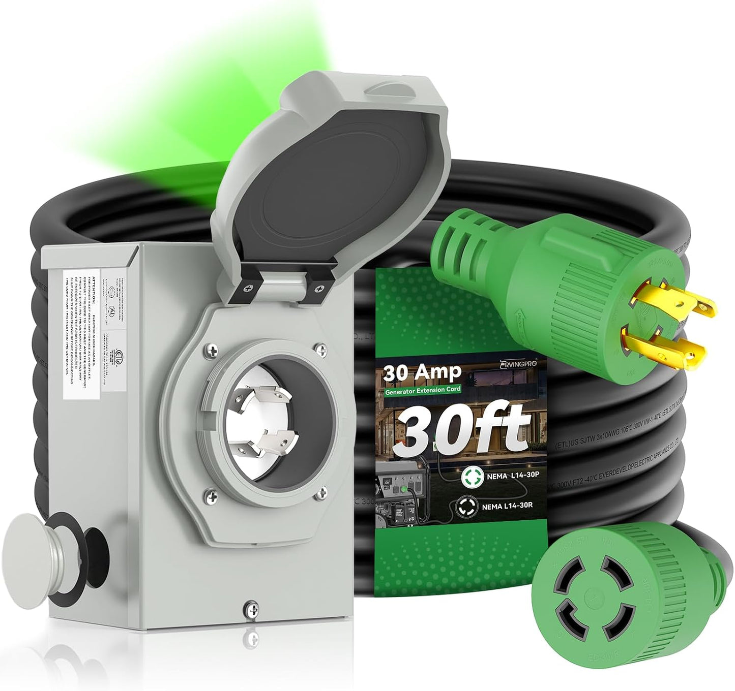 Cable generador NEMA L14-30P a L14-30R 30ft con caja entrada