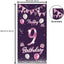 Cartel feliz cumpleaños 9 años globos rosa morada decoración puerta