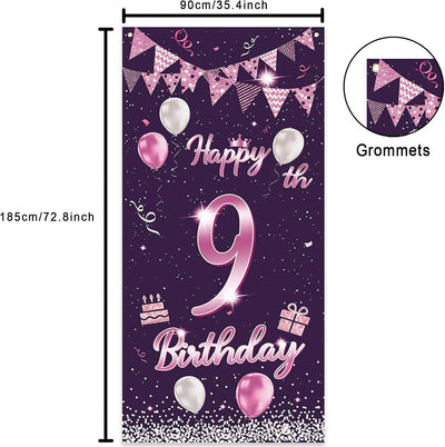 Cartel feliz cumpleaños 9 años globos rosa morada decoración puerta
