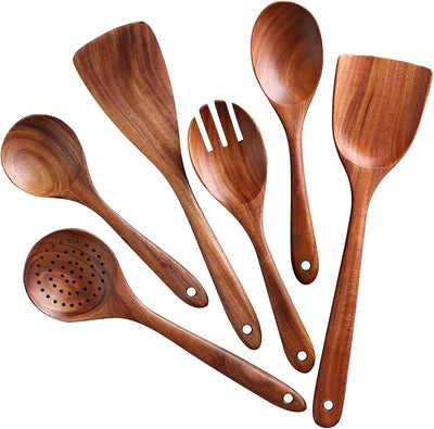 Set 6 cucharas madera acacia antiadherente agarre cómodo