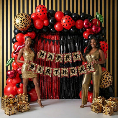 Decoraciones fiesta globos leopardo rojos negros labios cerezas aluminio