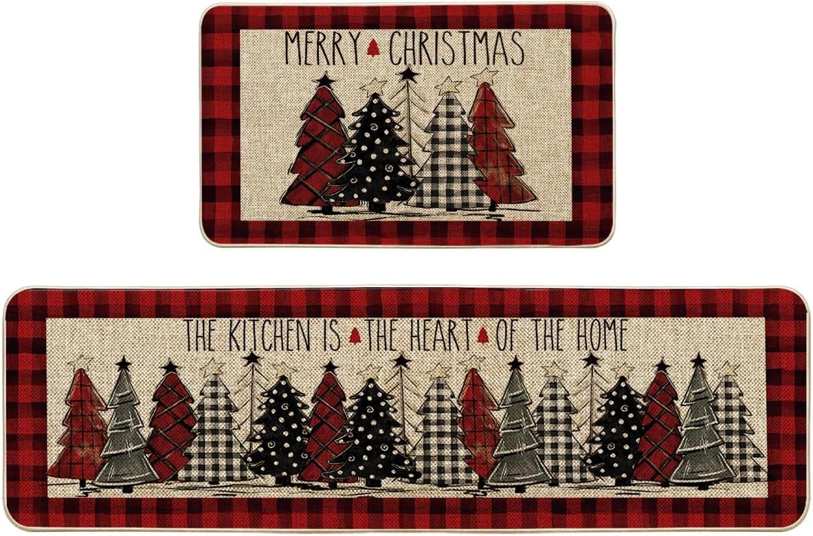 Alfombras cocina navidad diseño árbol cuadros búfalo rojo set 2