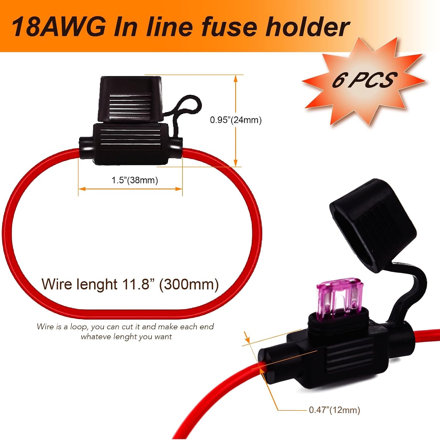 Juego 6 portafusibles 18 AWG 3A con conectores termorretráctiles