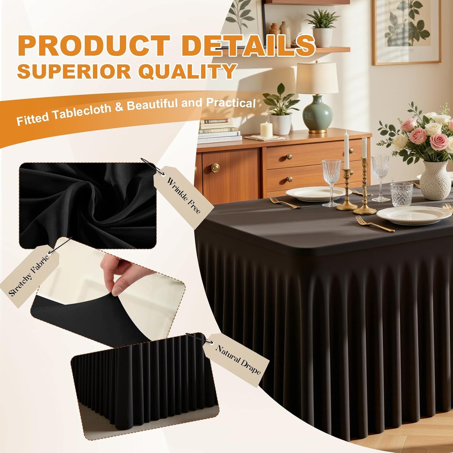 2 Manteles Rectangulares Negro Elástico para Mesa 6ft