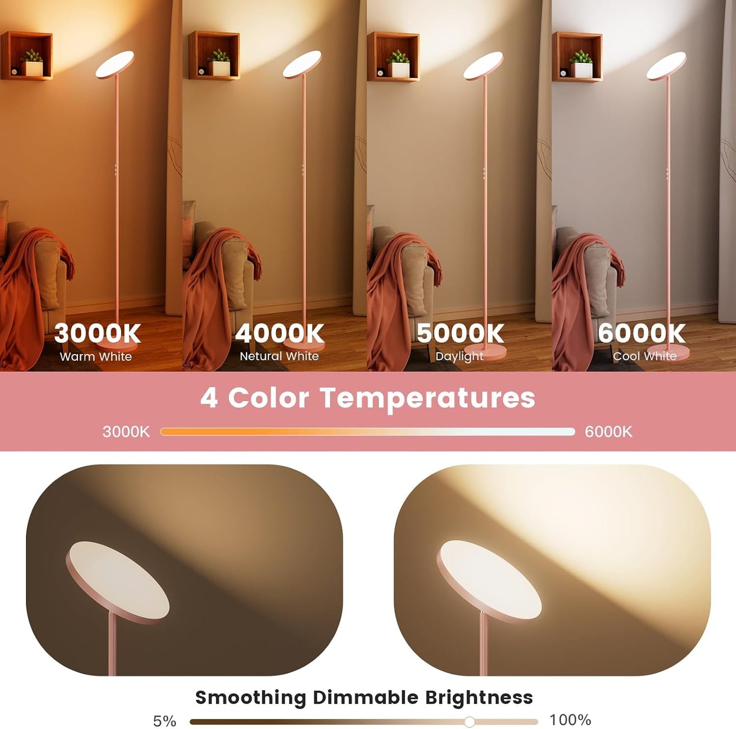 Lámpara pie regulable rosa 36W 2700-6500K control táctil