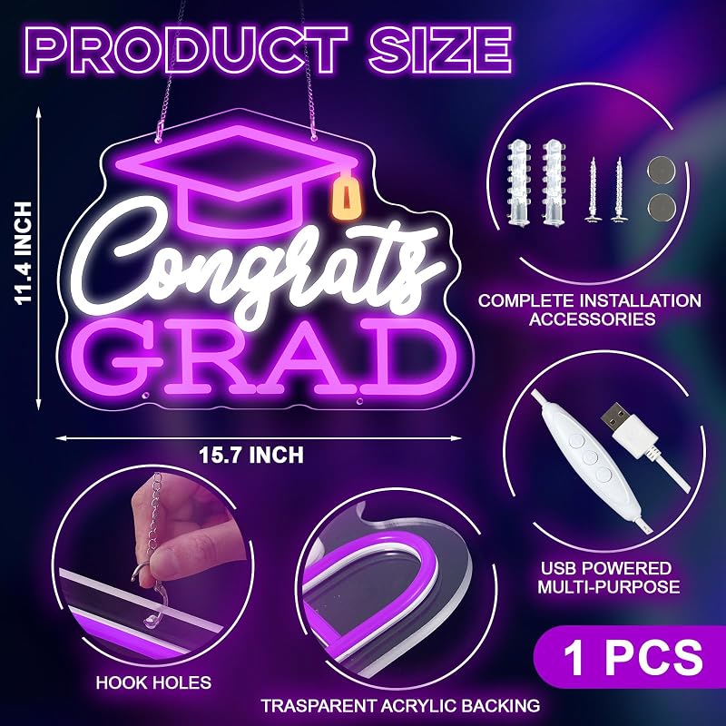 Letrero neón Congrats Grad 15.7x11.4pulg luz LED morada USB