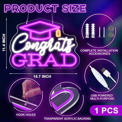 Letrero neón Congrats Grad 15.7x11.4pulg luz LED morada USB