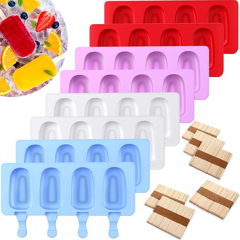 8 Moldes Silicona Helados 400 Palos Madera 4 Cavidades