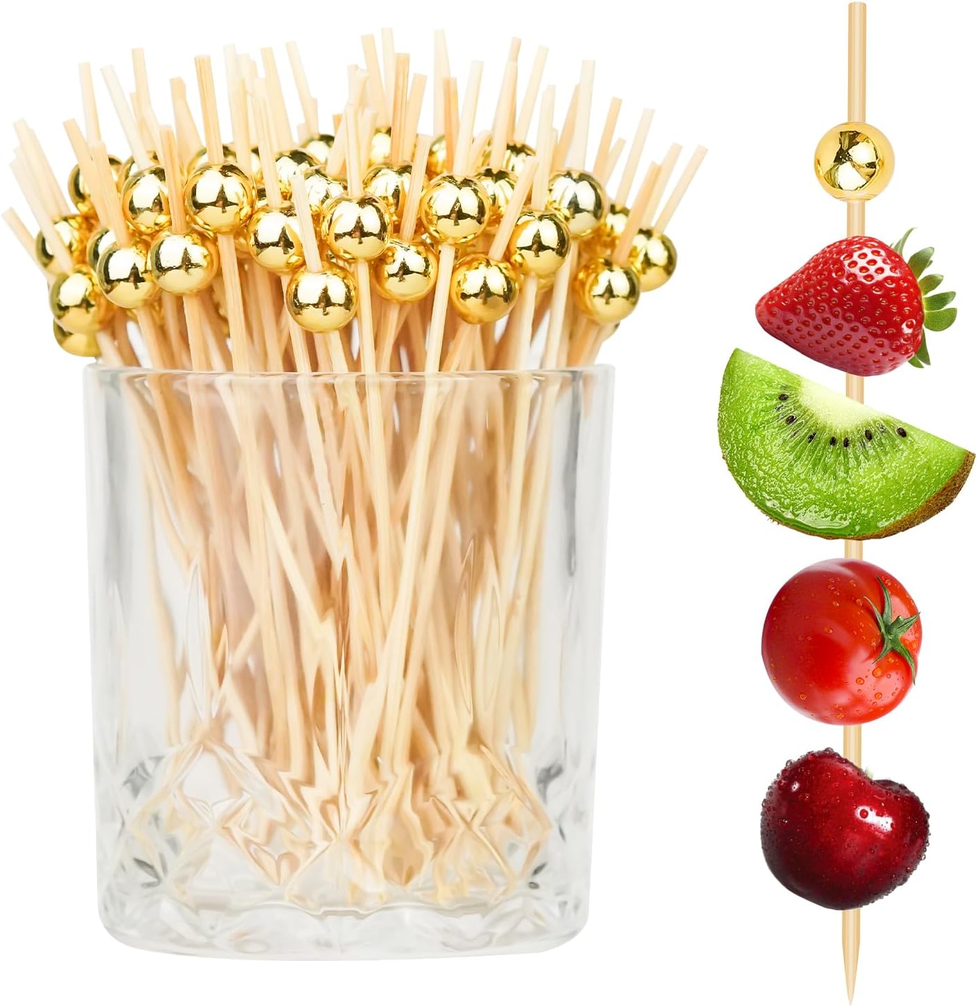 100 Palillos Cóctel Bambú Dorado 4.7pulg para Aperitivos