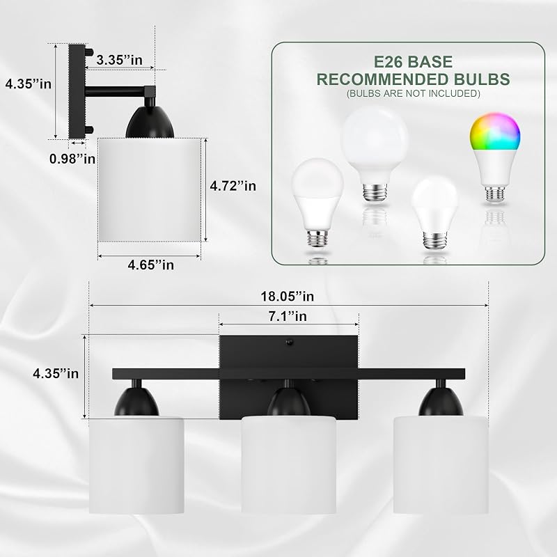 Luminaria baño moderna 3 luces E26 pantalla vidrio blanco