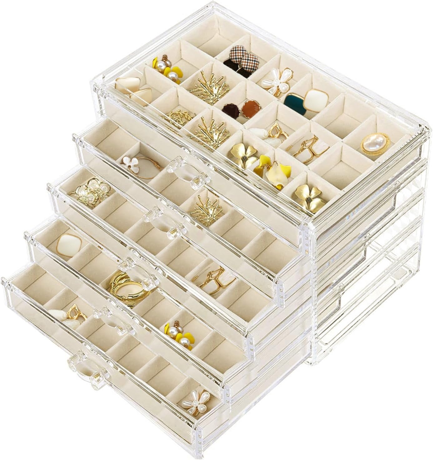 Joyero acrílico 5 cajones 90 compartimentos terciopelo beige