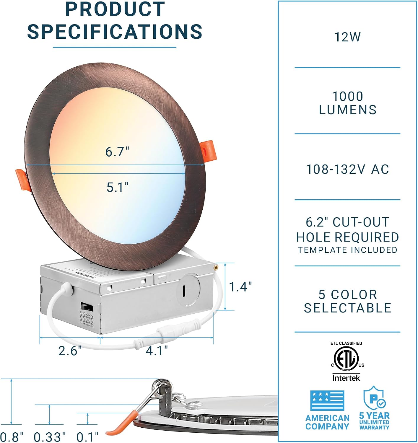 12 Luces LED Empotrables 6pulg 5 CCT Regulables 2700-5000K