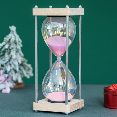 Temporizador arena 60 min vidrio macarrón rosa base madera roble