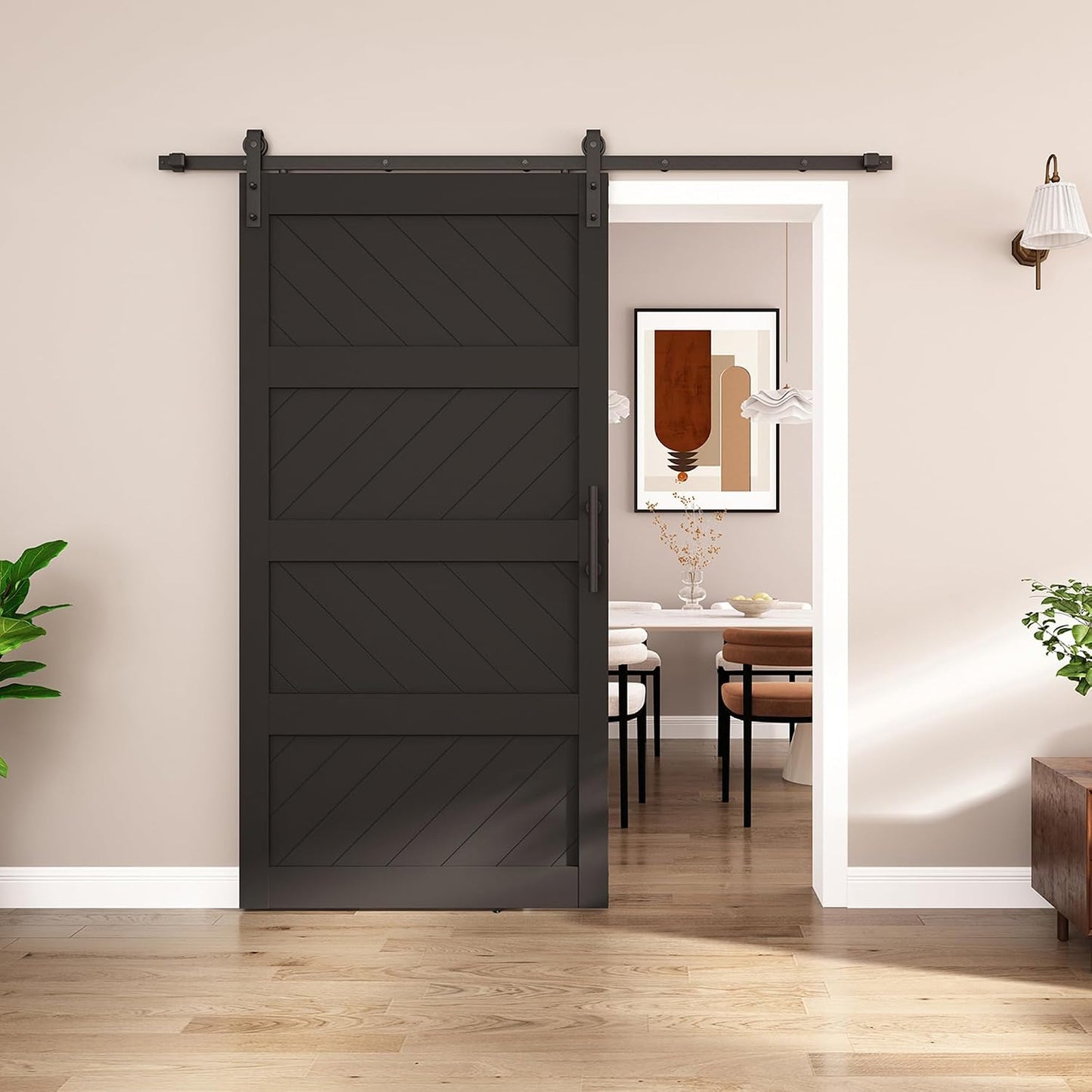 Puerta corrediza granero 42x84pulg negra 4 paneles onda