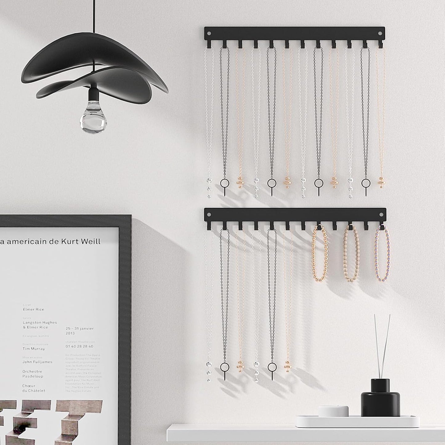 Organiz. collares pared 12 ganchos metal negro