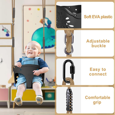 Asiento columpio niños con respaldo alto y cuerda ajustable