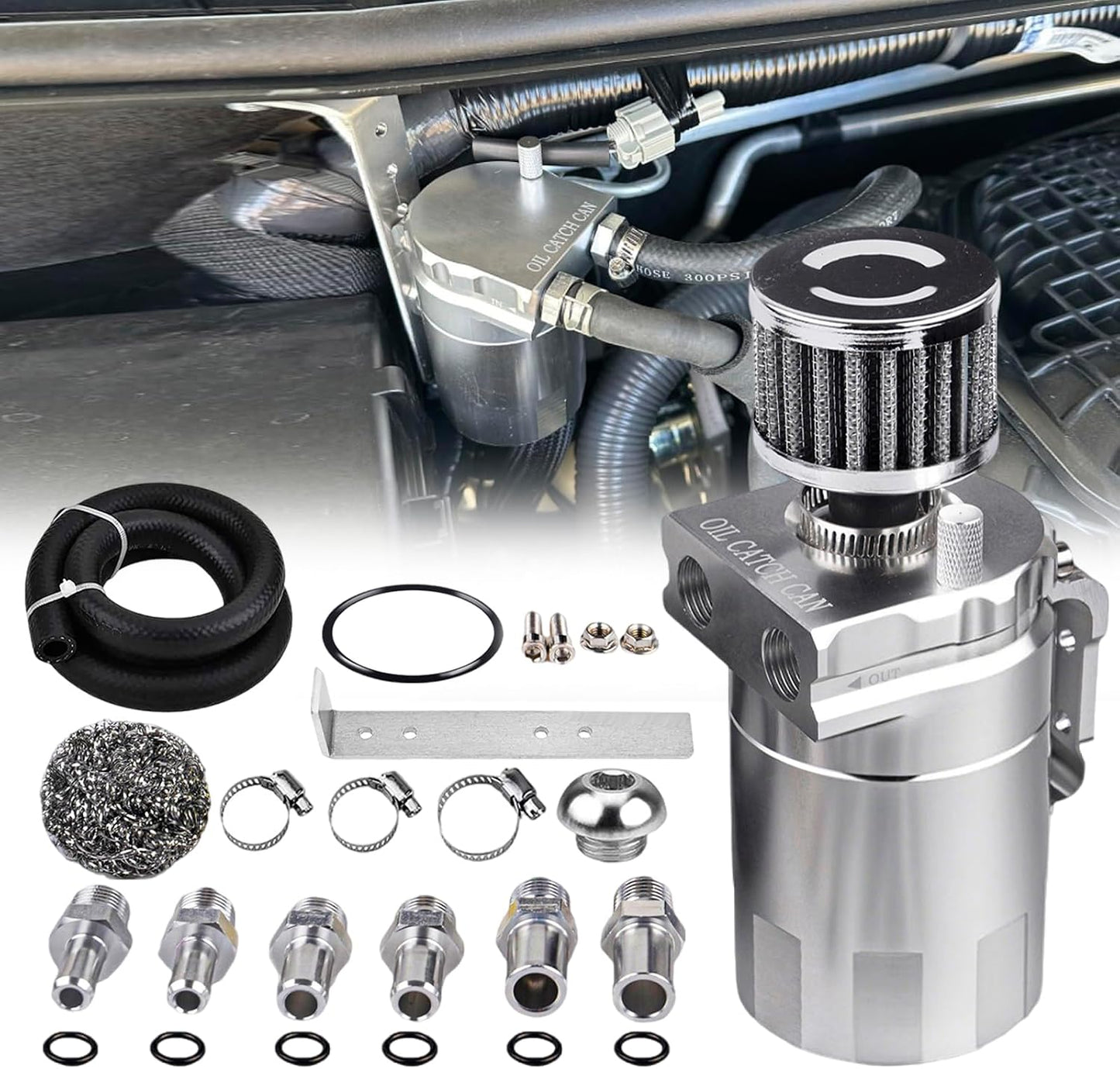 Kit separador aceite aluminio 300ml soporte tubo plateado