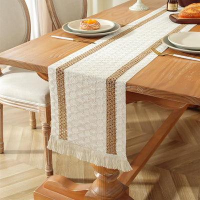 Camino mesa bohemio 36pulg macramé lino beige marrón