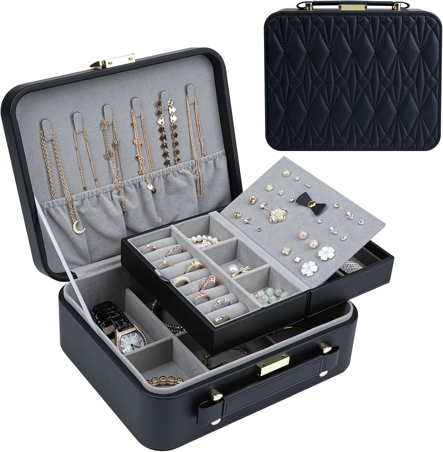 Caja organizadora joyas 2 capas bandeja remov. negro