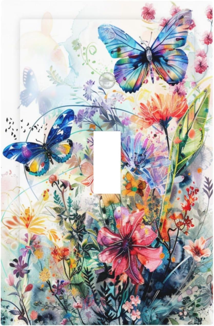 Placa interruptor decorativo acuarela mariposas flores 1 gang
