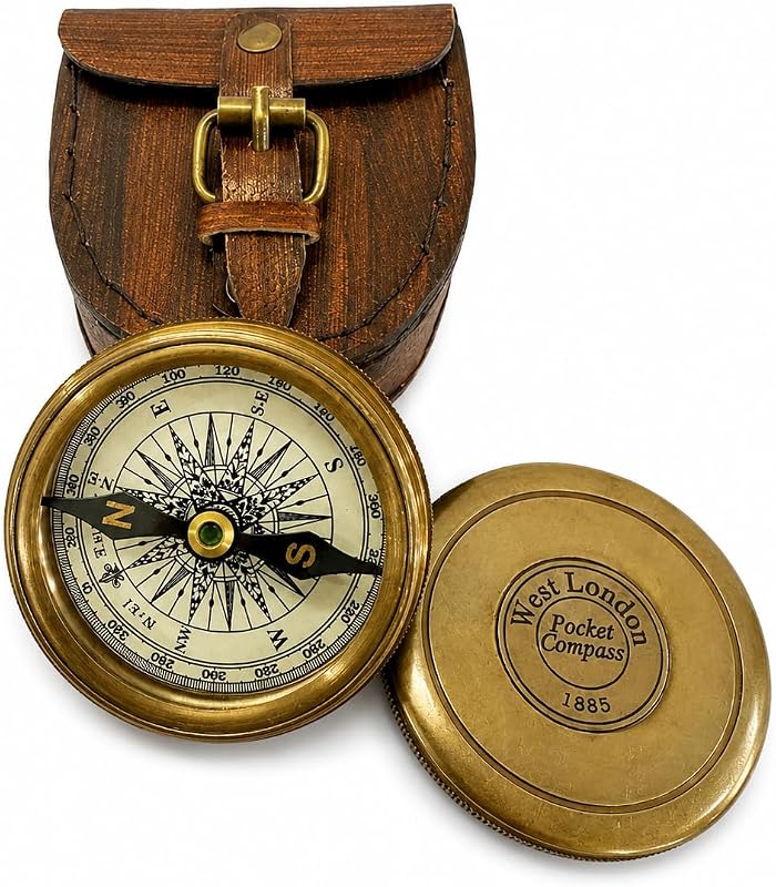 Brújula latón antiguo con estuche cuero para campamento y regalo