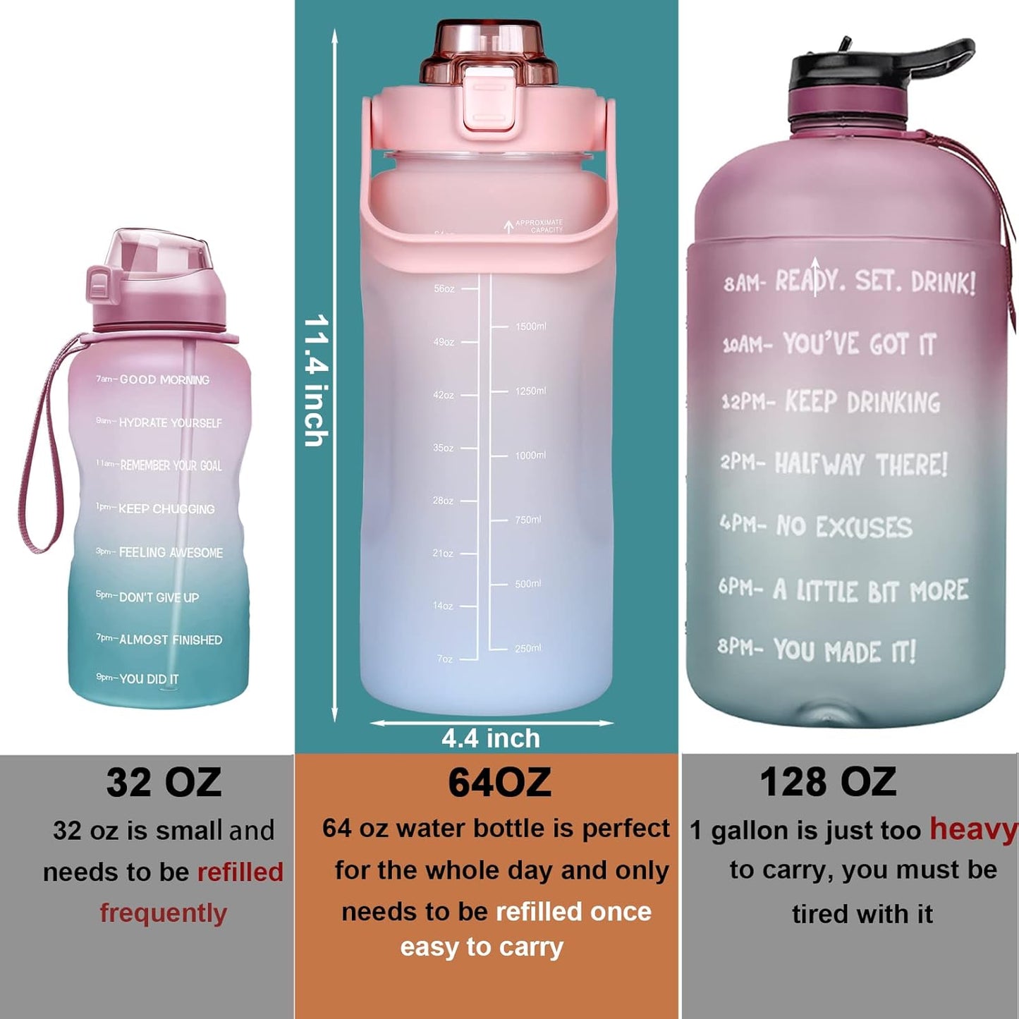 Botella agua motivacional con pajita 64oz rosa azul
