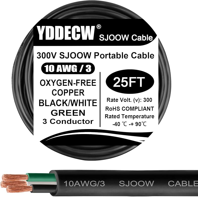 Cable alimentación portátil SJOOW 10 AWG 25 ft 3 conductores