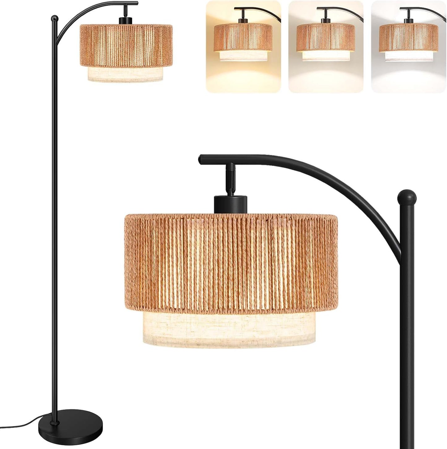 Lámpara pie sala LED 12W 3 temperaturas ajustables ratán