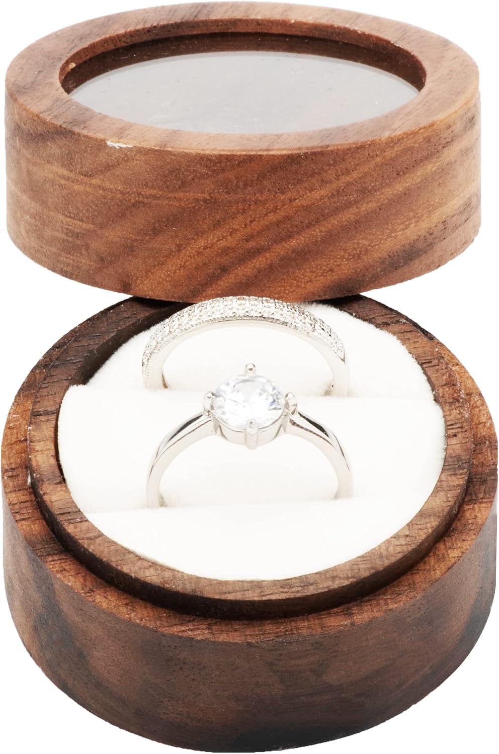 Caja redonda madera anillos tapa transparente boda