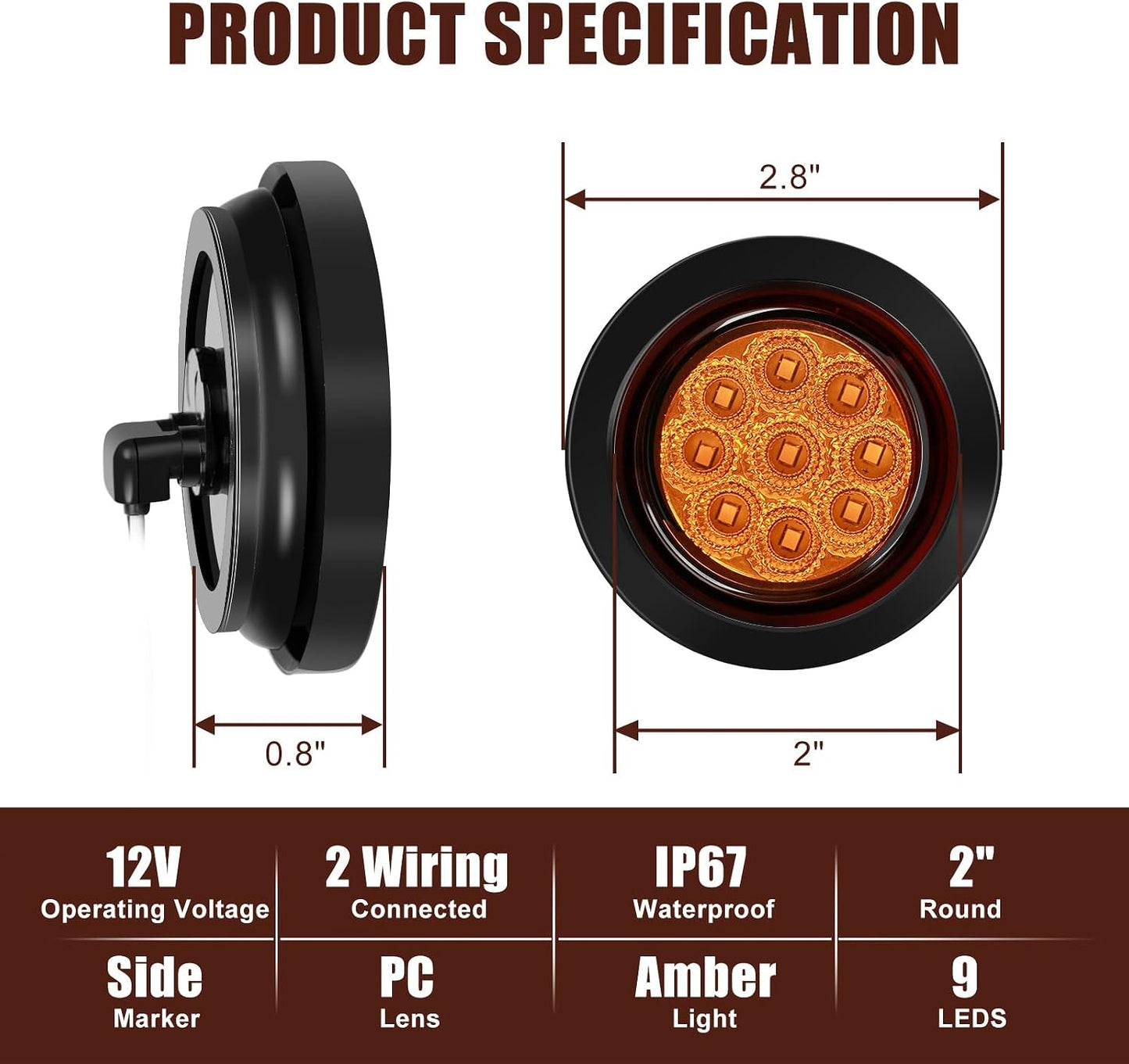 Set 10 luces LED ámbar 2pulg para remolque 12V impermeable